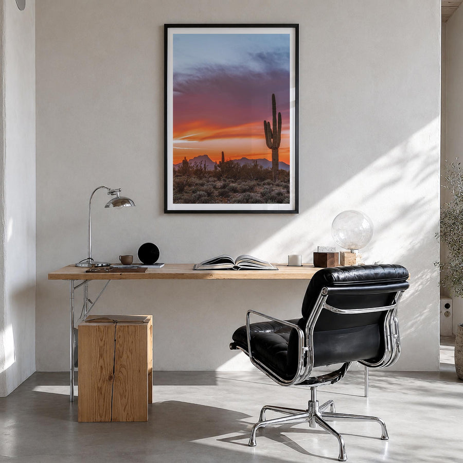 Tucson no. 2 colorful photo poster of Arizona, USA – vertical wall art in black wood frame with white border, hanging on wall