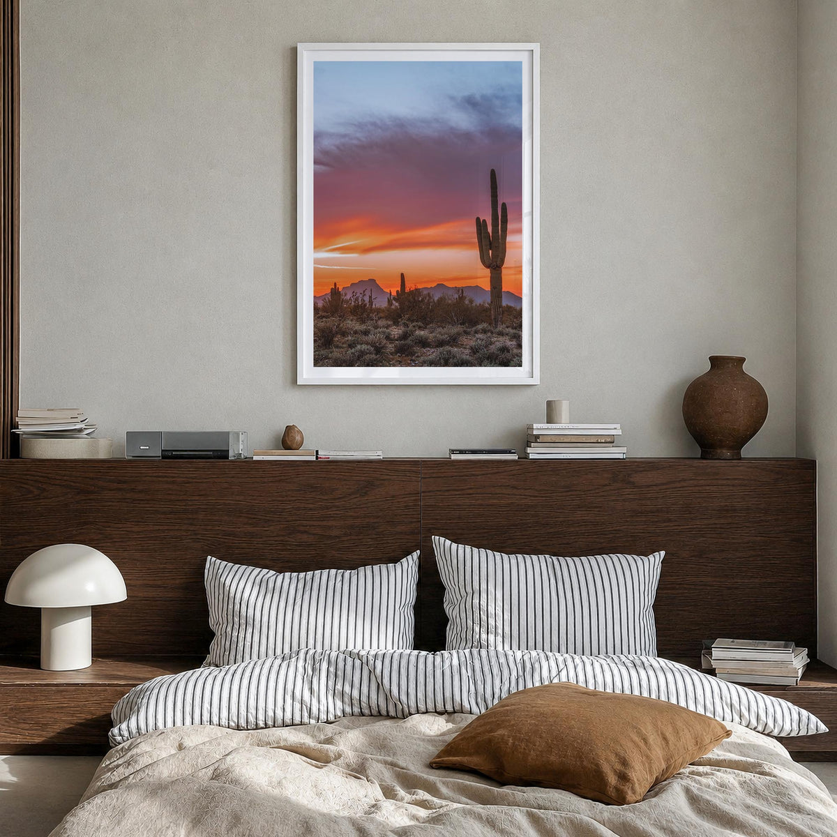 Tucson no. 2 colorful photo poster of Arizona, USA – vertical wall art in white wood frame with white border, hanging on wall