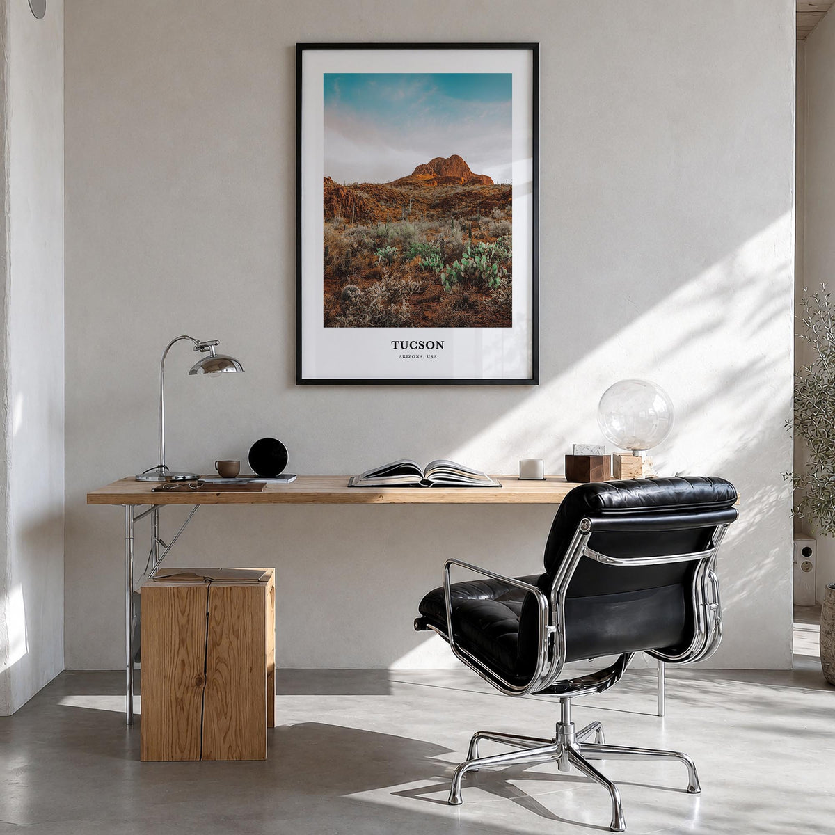 Tucson no. 3 colorful classic poster of Arizona, USA – vertical wall art in black wood frame, hanging on wall