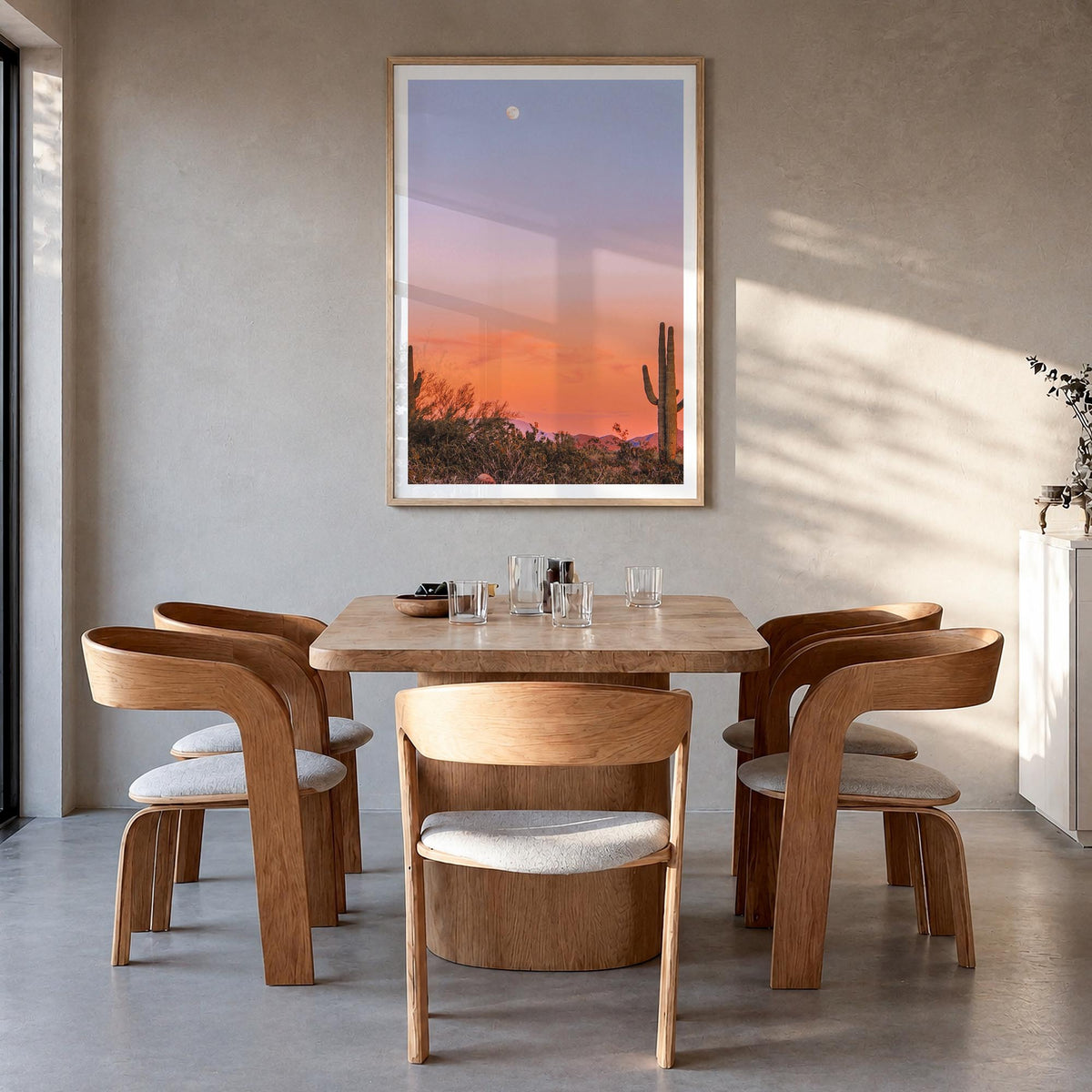 Tucson no. 3 colorful photo poster of Arizona, USA – vertical wall art in natural wood frame with white border, hanging on wa
