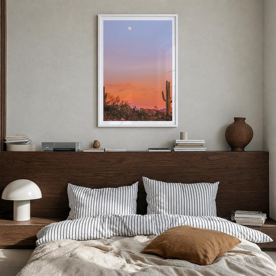 Tucson no. 3 colorful photo poster of Arizona, USA – vertical wall art in white wood frame with white border, hanging on wall