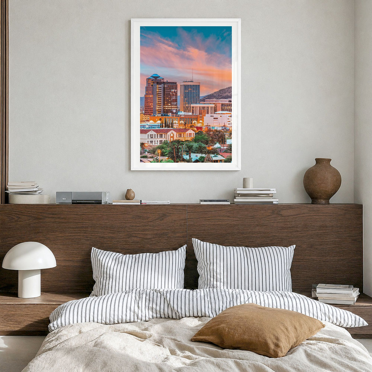 Tucson Photo No 1 Poster in a white wood frame, hanging in a bedroom, white border