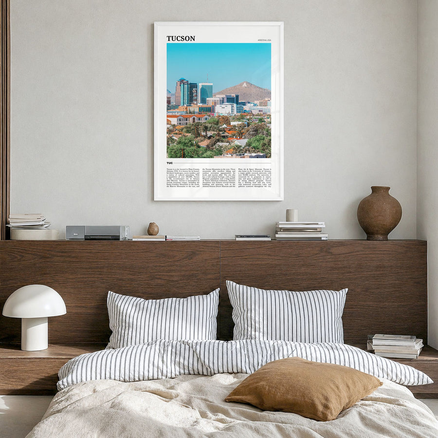 Tucson Travel No 2 Poster in a white wood frame, hanging in a bedroom