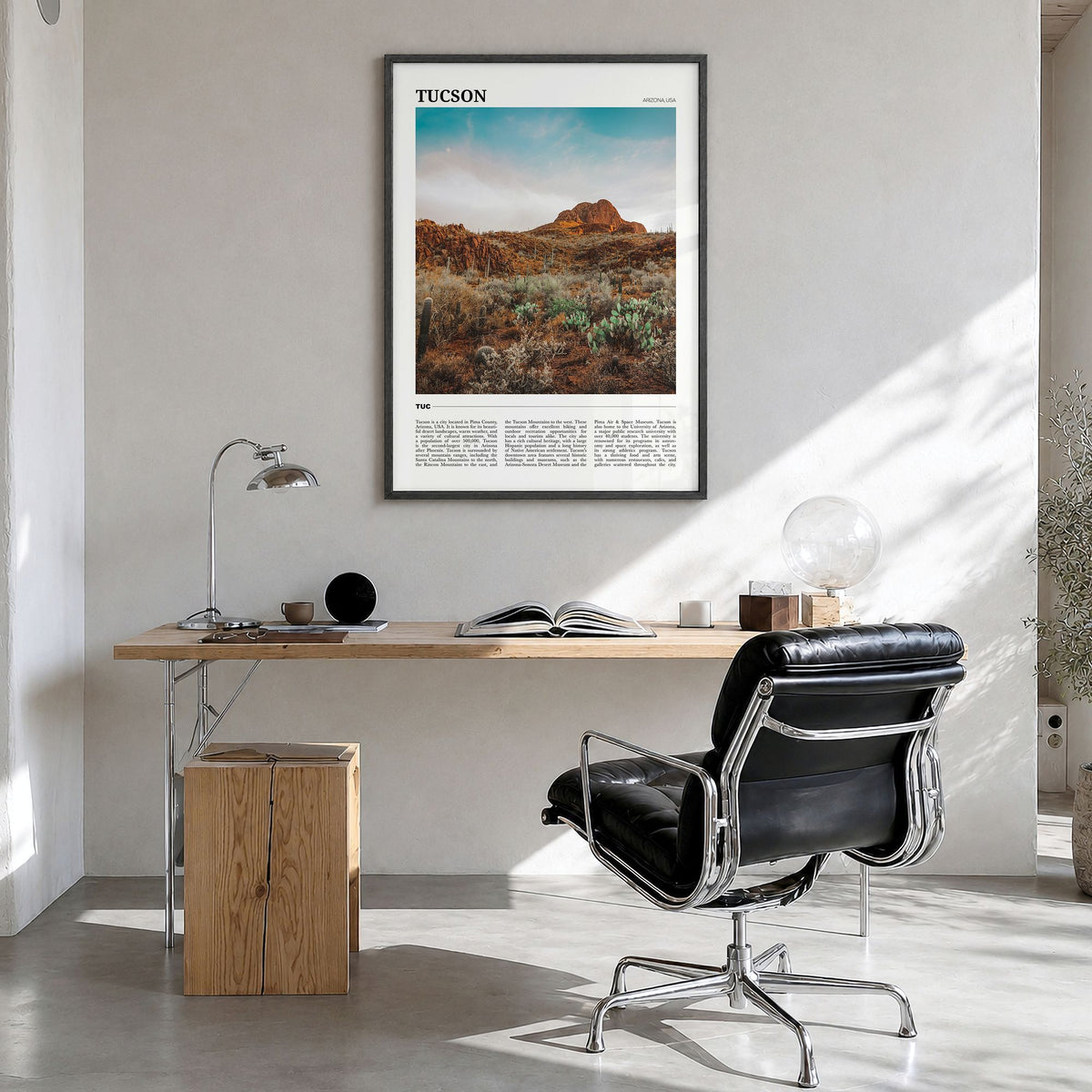 Tucson Travel No 3 Poster in a black wood frame, hanging in a bright home office