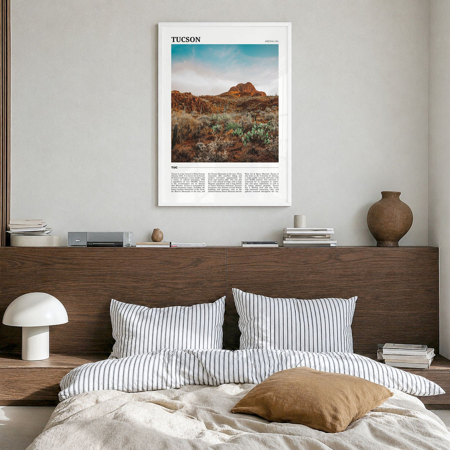 Tucson Travel No 3 Poster in a white wood frame, hanging in a bedroom