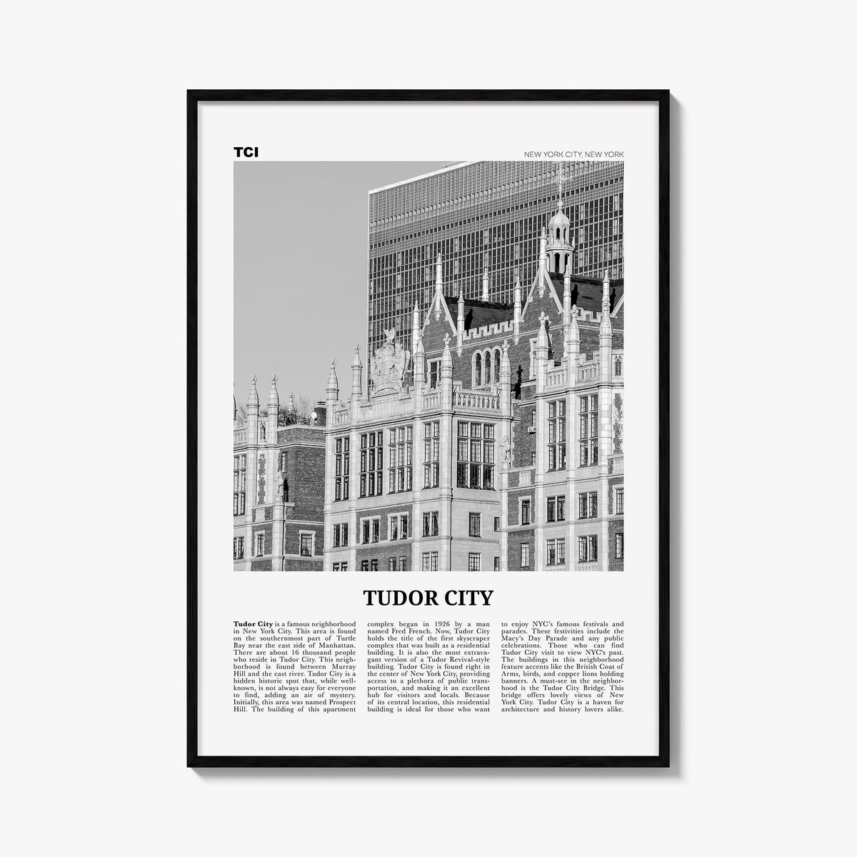 Tudor City black & white newspaper poster of Manhattan, New York City – vertical wall art, unframed print shown in interior m