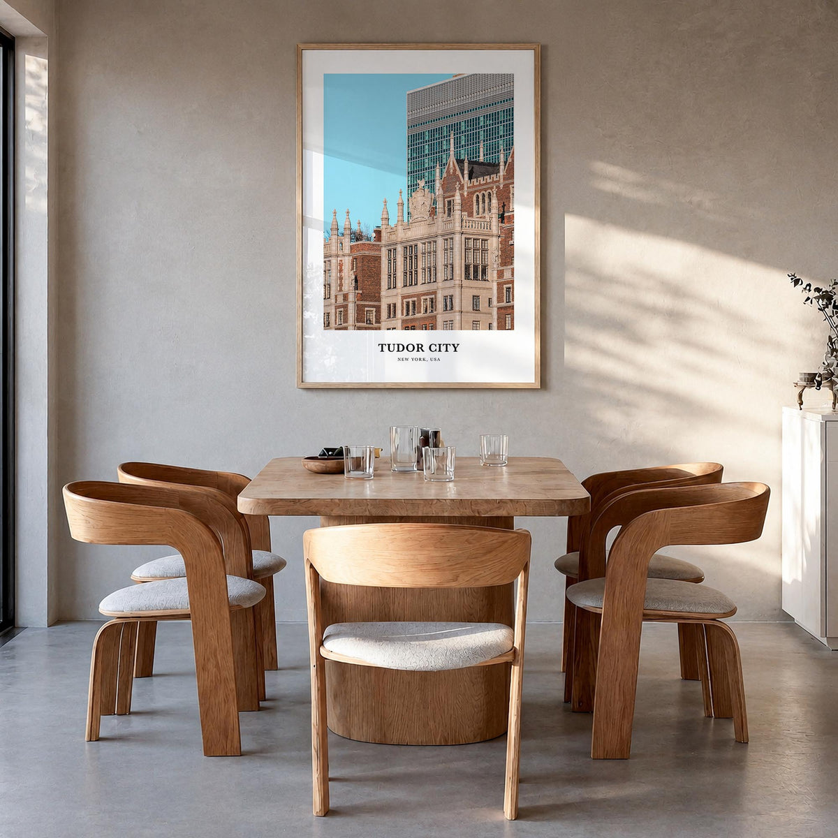 Tudor City colorful classic poster of Manhattan, New York City – vertical wall art in natural wood frame, hanging on wall