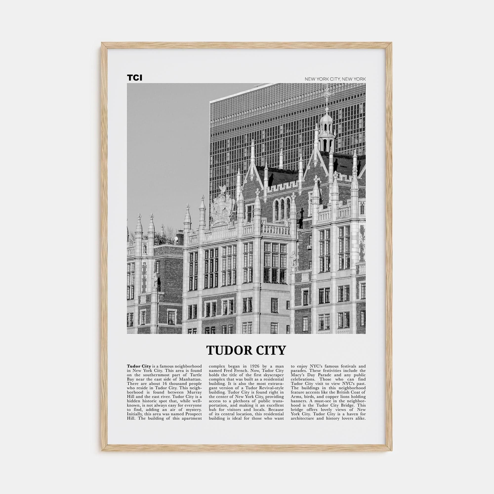 Tudor City Poster Natural Wood / 8x12 in Nbourhood Travel B&W Poster
