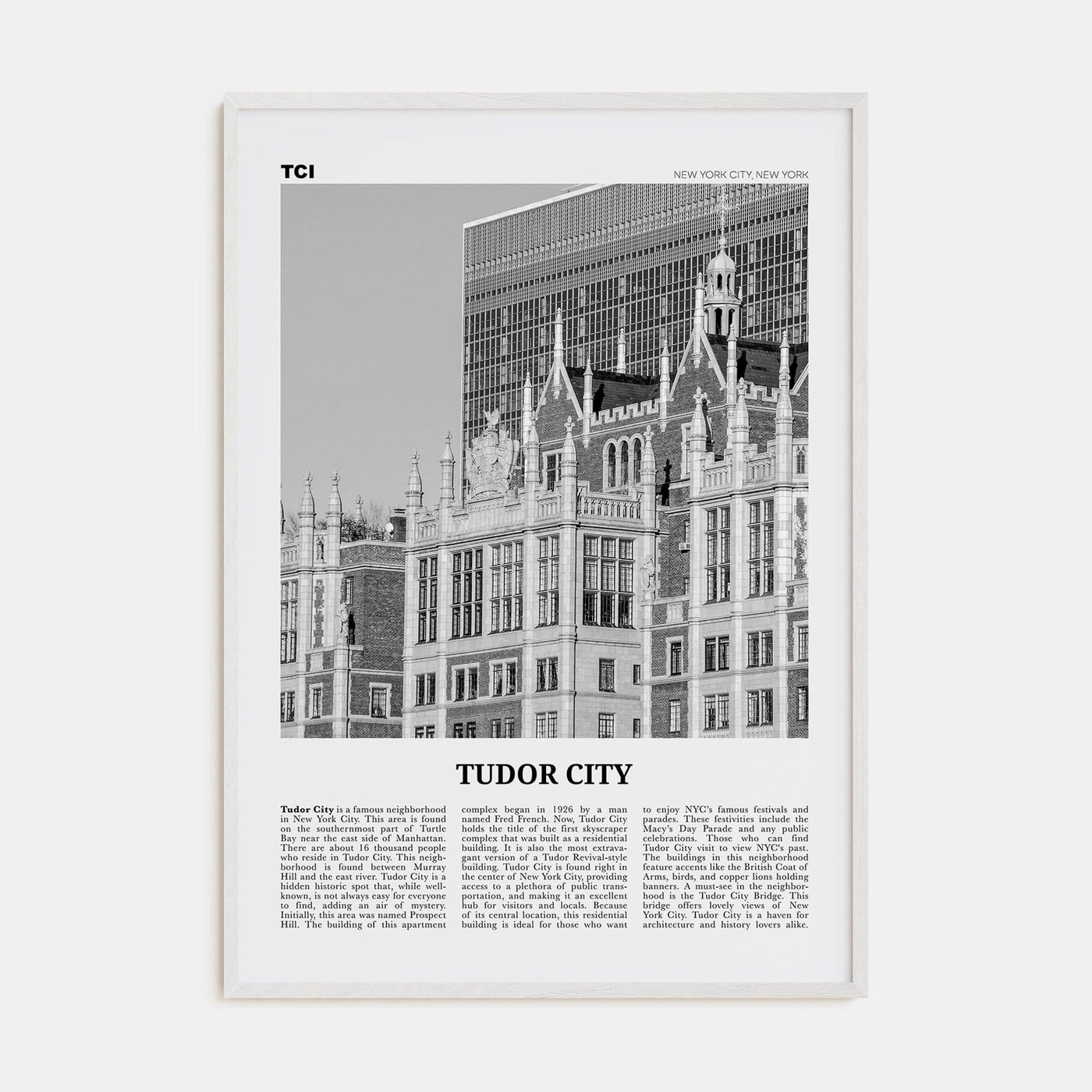 Tudor City Poster White Wood / 8x12 in Nbourhood Travel B&W Poster