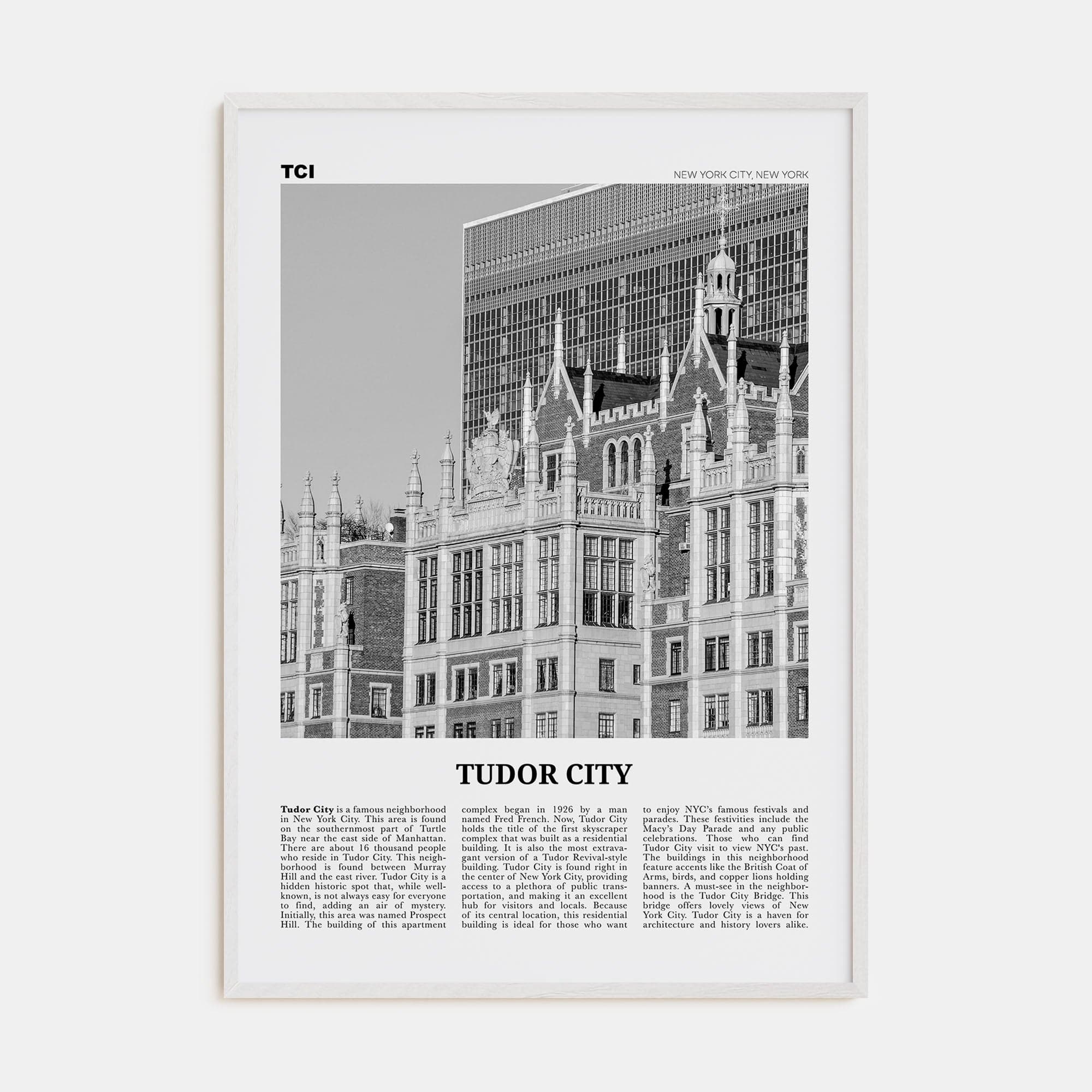 Tudor City Poster White Wood / 8x12 in Nbourhood Travel B&W Poster