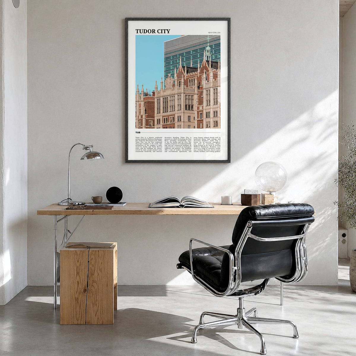 Tudor City Travel Poster in a black wood frame, hanging in a bright home office