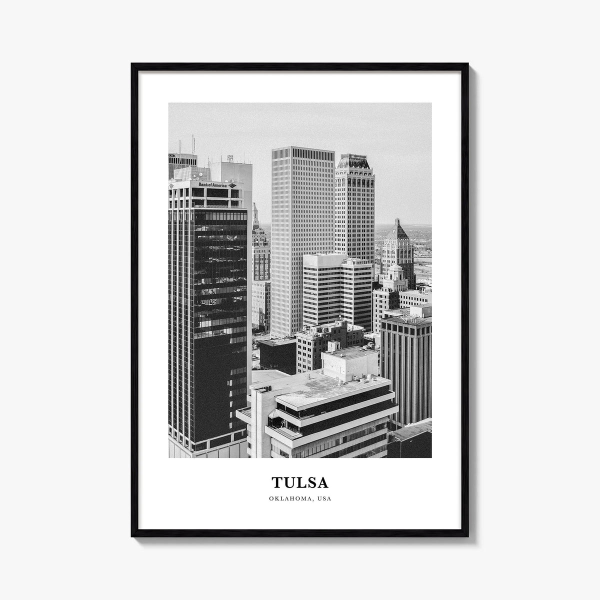Tulsa black & white classic poster of Oklahoma, USA – vertical wall art, unframed print shown in interior mockup