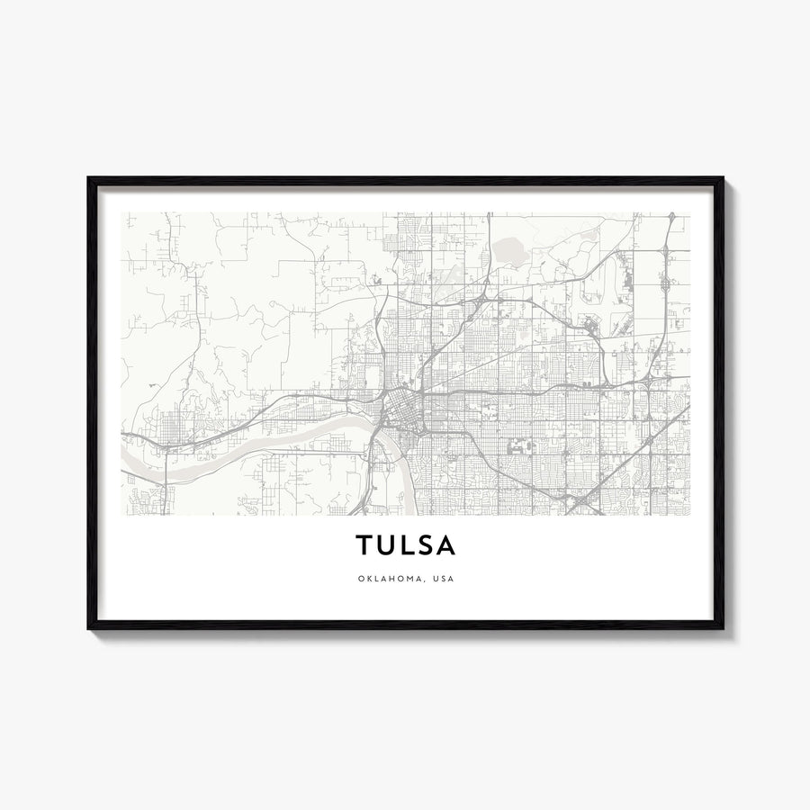 Tulsa black & white map poster of Oklahoma, USA – horizontal wall art, unframed print shown in interior mockup