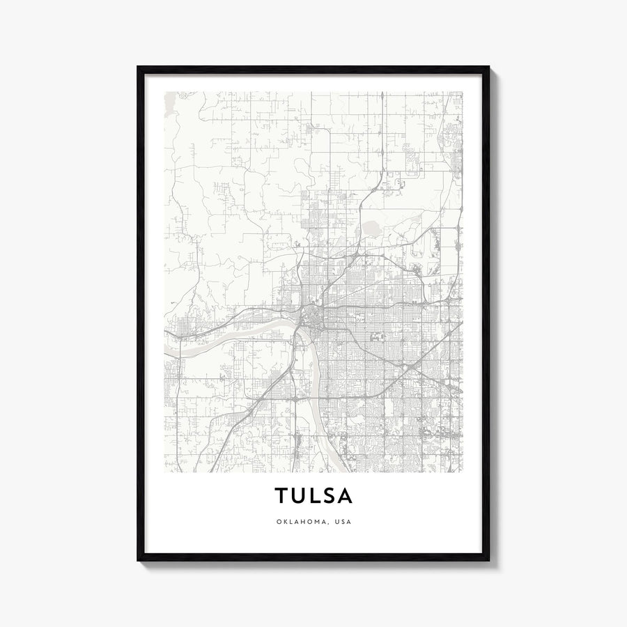Tulsa black & white map poster of Oklahoma, USA – vertical wall art, unframed print shown in interior mockup