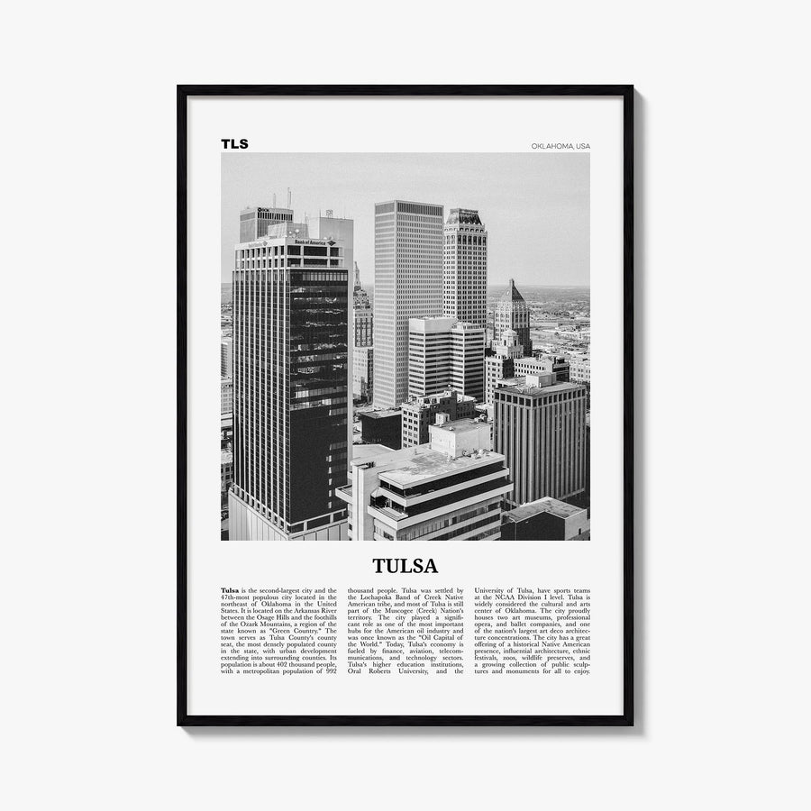 Tulsa black & white newspaper poster of Oklahoma, USA – vertical wall art, unframed print shown in interior mockup
