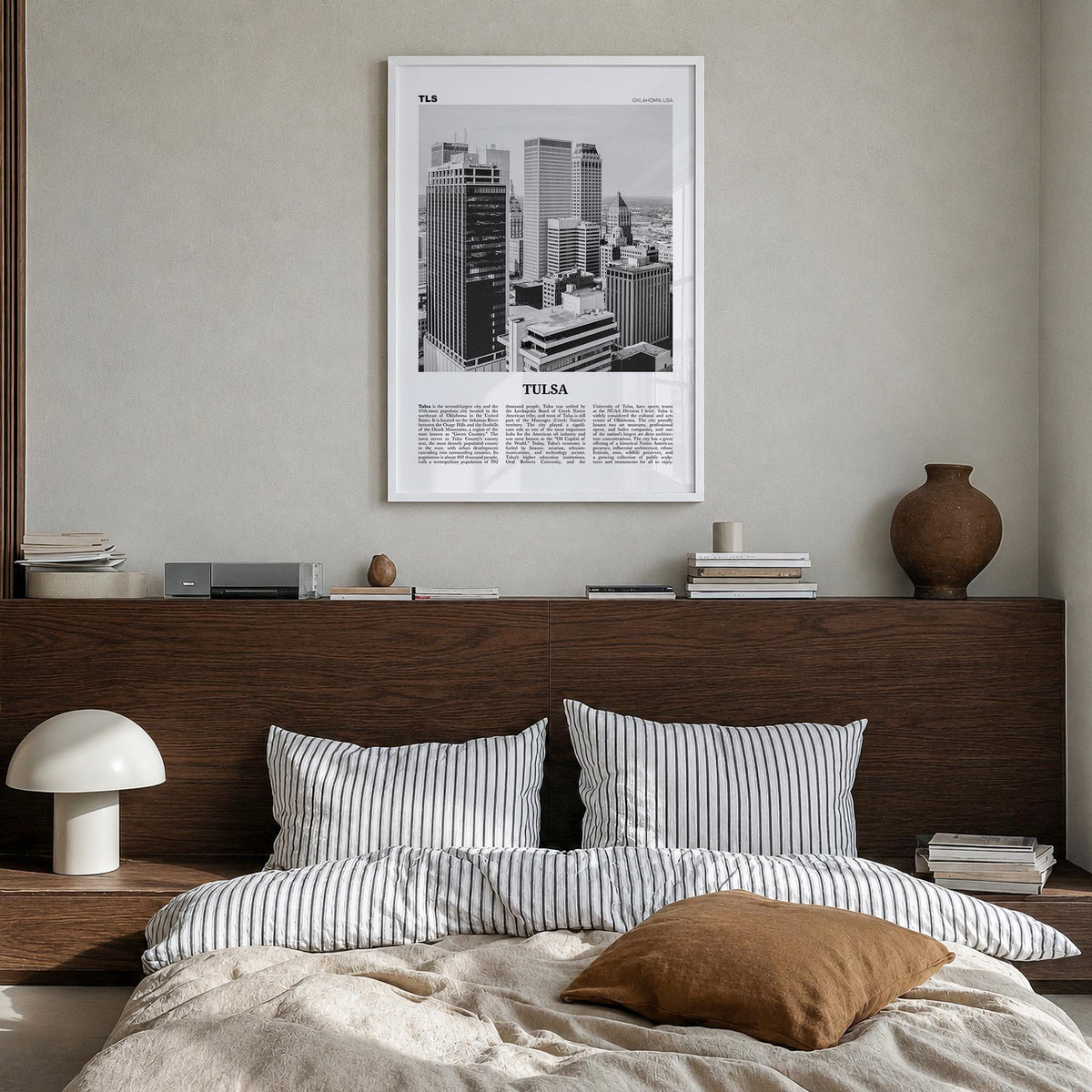 Tulsa black & white newspaper poster of Oklahoma, USA – vertical wall art in white wood frame, hanging on wall