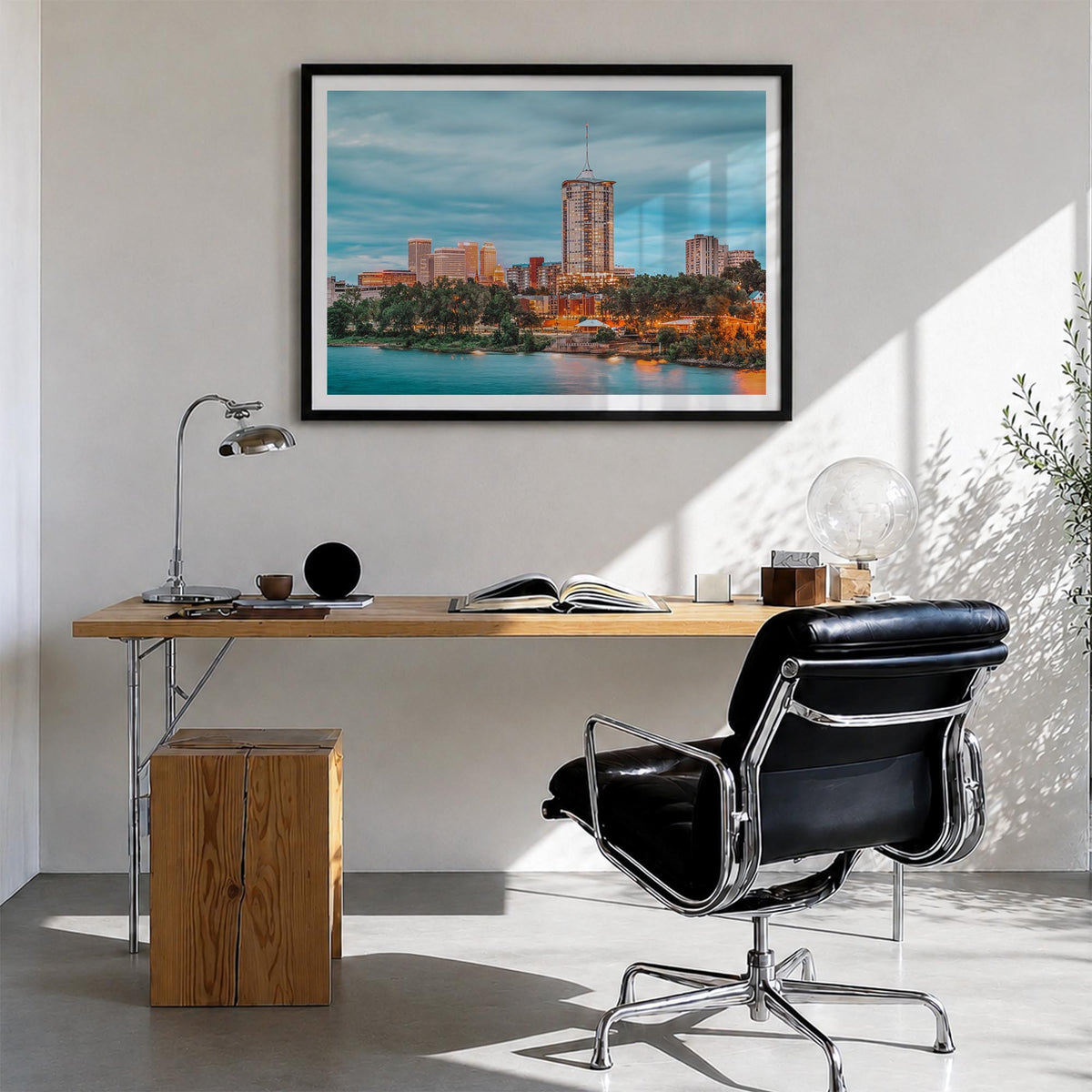Tulsa colorful photo poster of Oklahoma, USA – horizontal wall art in black wood frame with white border, hanging on wall