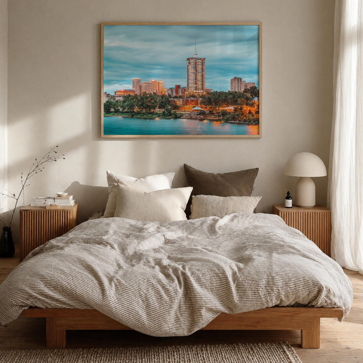 Tulsa colorful photo poster of Oklahoma, USA – horizontal wall art in natural wood frame, hanging on wall
