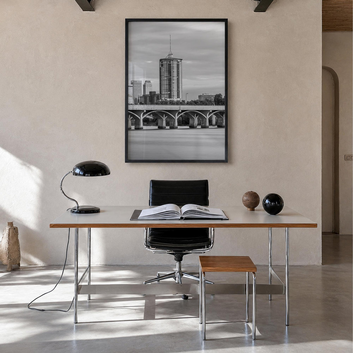 Tulsa no. 1 black & white photo poster of Oklahoma, USA – vertical wall art in black wood frame, hanging on wall