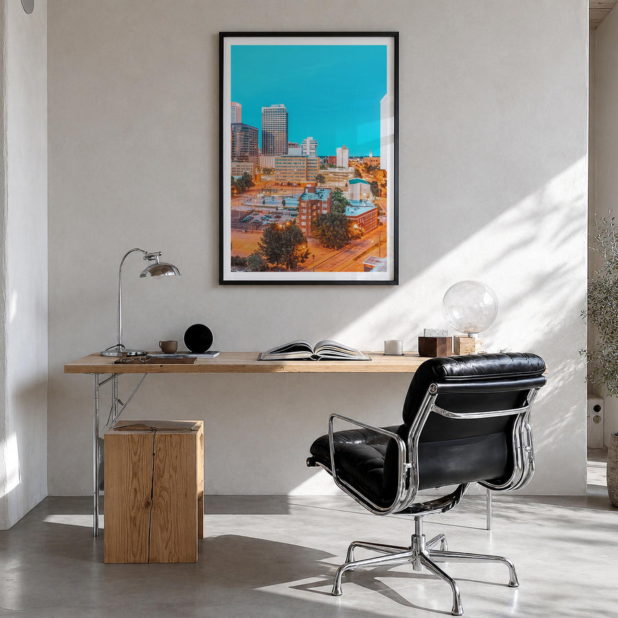 Tulsa no. 1 colorful photo poster of Oklahoma, USA – vertical wall art in black wood frame with white border, hanging on wall