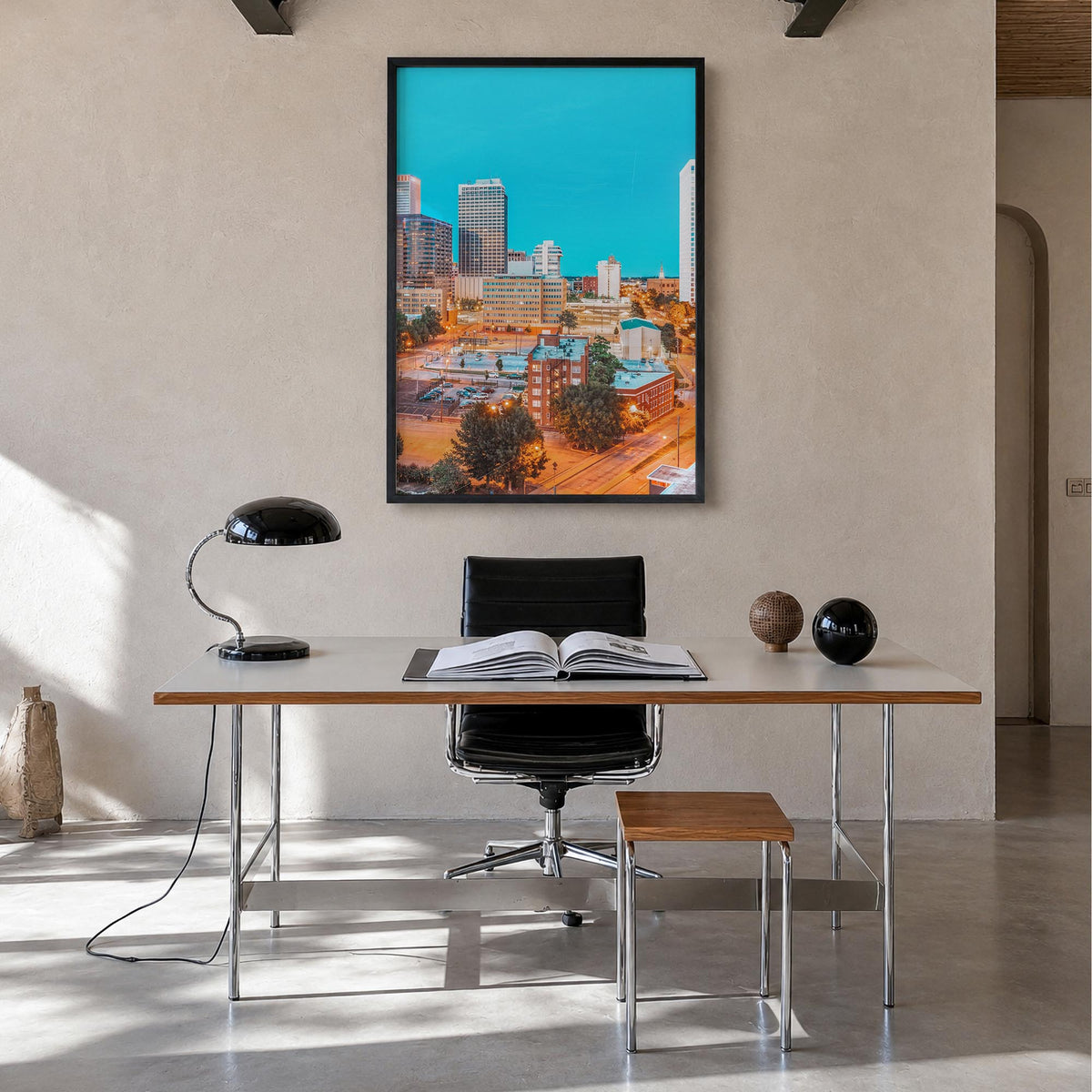 Tulsa no. 1 colorful photo poster of Oklahoma, USA – vertical wall art in black wood frame, hanging on wall