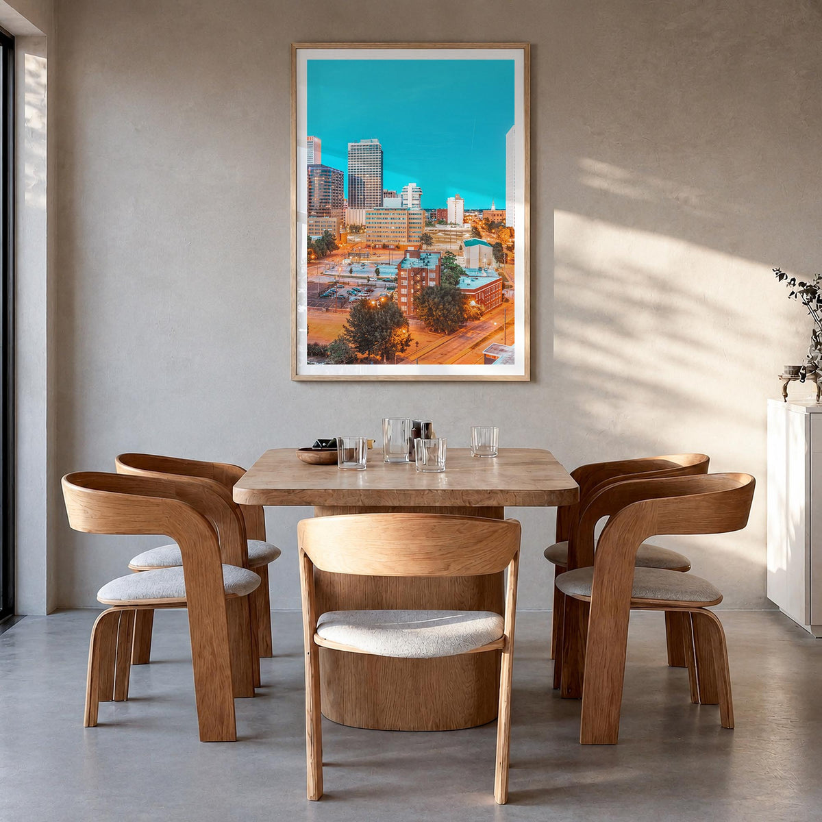 Tulsa no. 1 colorful photo poster of Oklahoma, USA – vertical wall art in natural wood frame with white border, hanging on wa