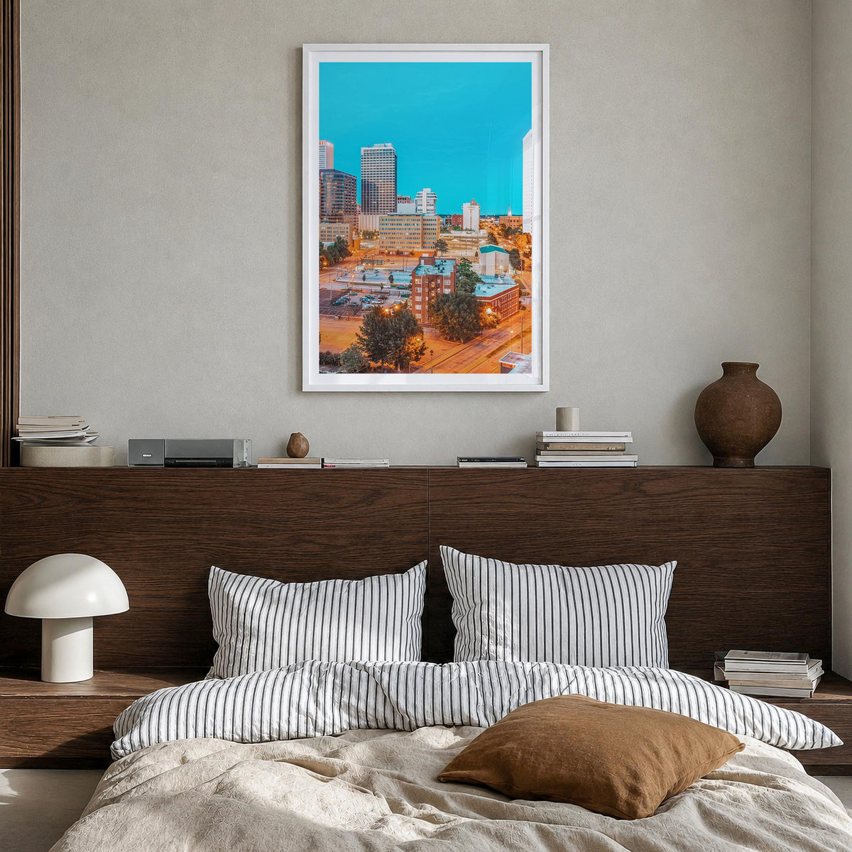 Tulsa no. 1 colorful photo poster of Oklahoma, USA – vertical wall art in white wood frame with white border, hanging on wall