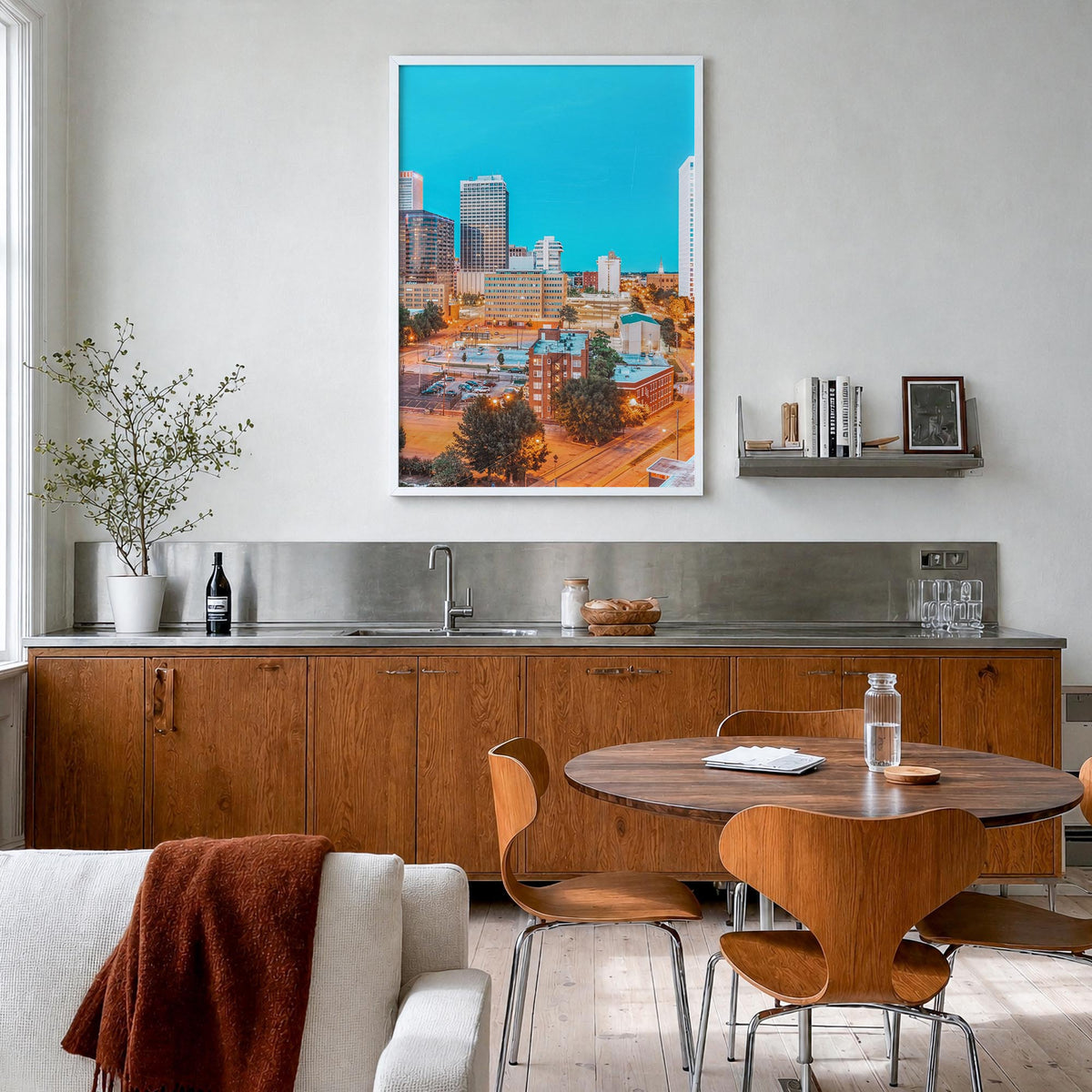 Tulsa no. 1 colorful photo poster of Oklahoma, USA – vertical wall art in white wood frame, hanging on wall