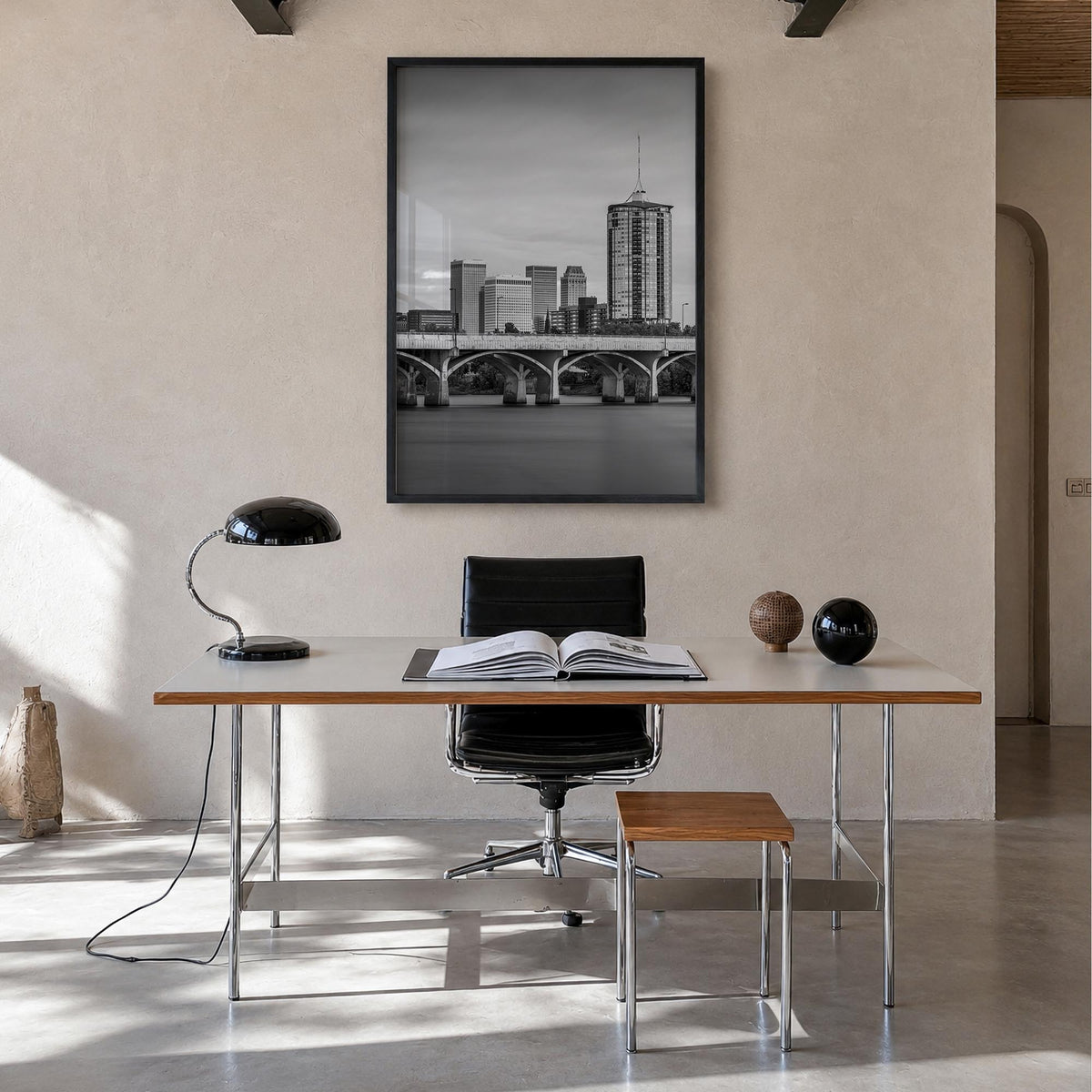 Tulsa no. 2 black & white photo poster of Oklahoma, USA – vertical wall art in black wood frame, hanging on wall