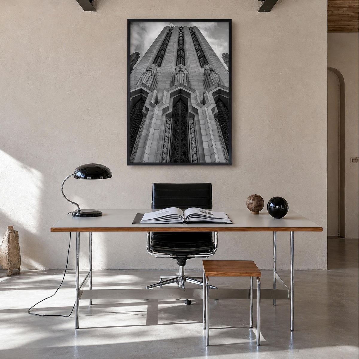 Tulsa no. 3 black & white photo poster of Oklahoma, USA – vertical wall art in black wood frame, hanging on wall