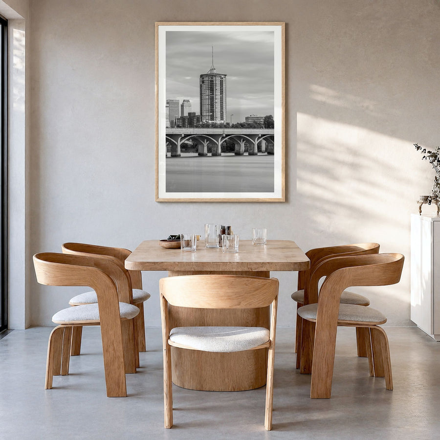 Tulsa Photo No 1 Poster in a natural wood frame, hanging in a dining room, white border