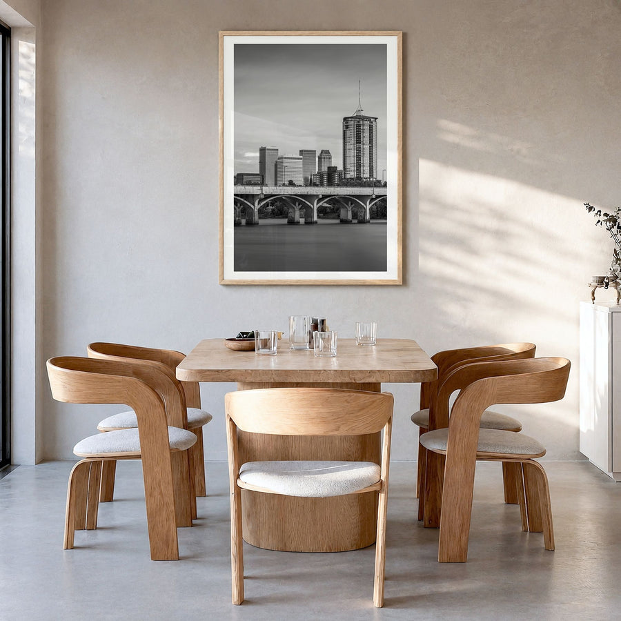Tulsa Photo No 2 Poster in a natural wood frame, hanging in a dining room, white border