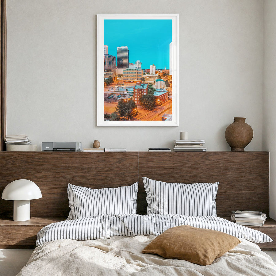 Tulsa Photo No 1 Poster in a white wood frame, hanging in a bedroom, white border