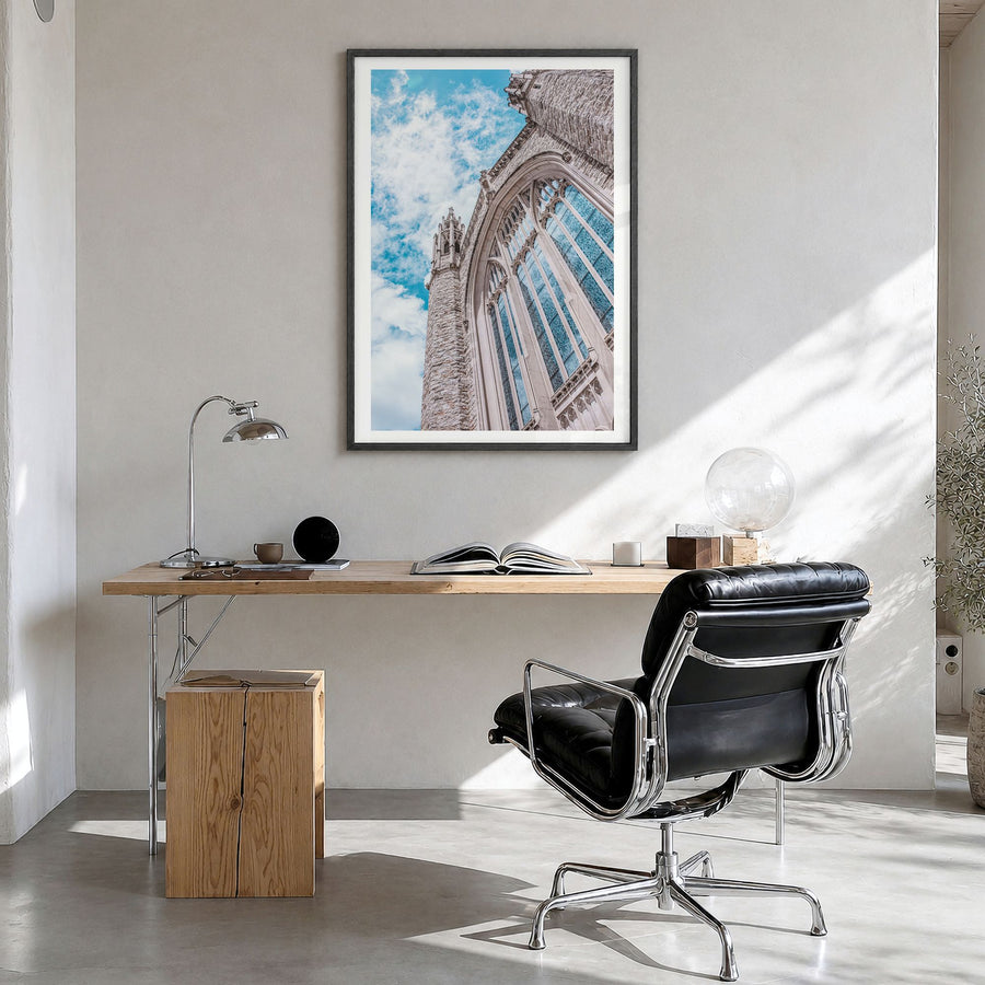 Tulsa Photo No 2 Poster in a black wood frame, hanging in a bright home office, white border