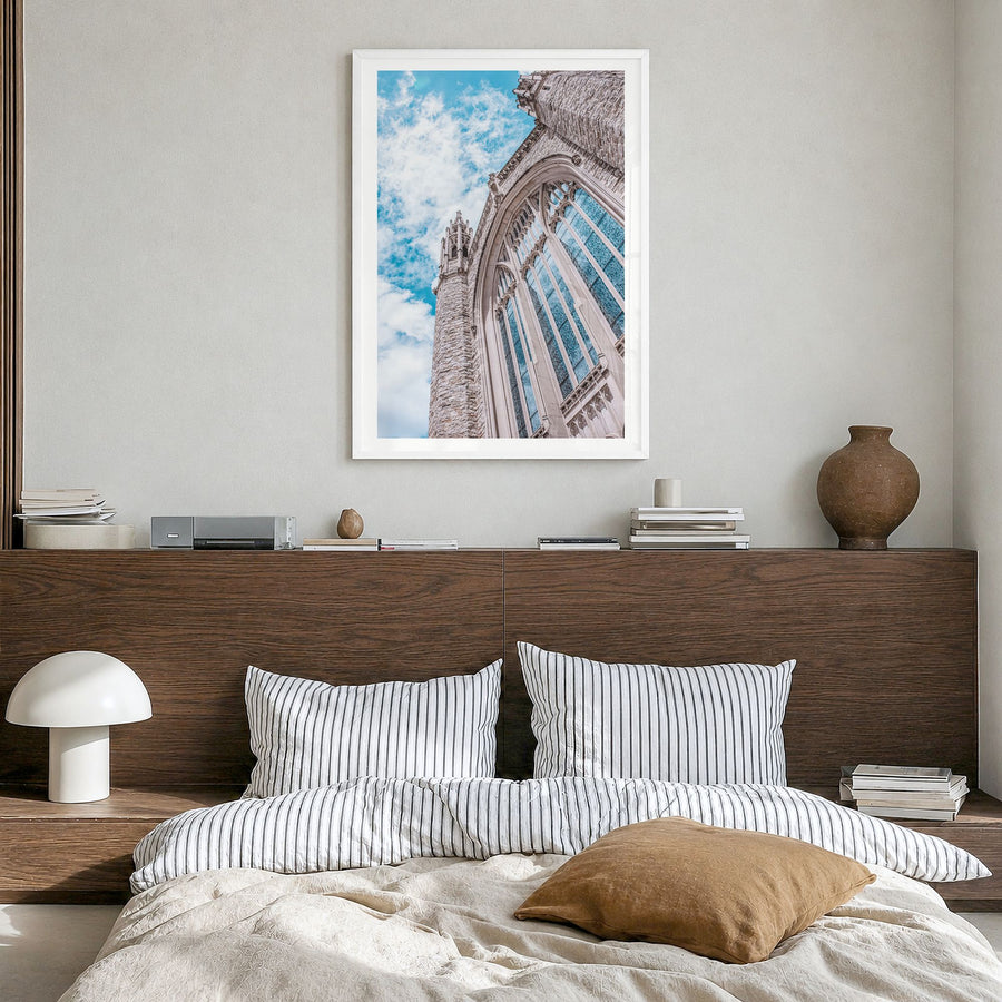Tulsa Photo No 2 Poster in a white wood frame, hanging in a bedroom, white border