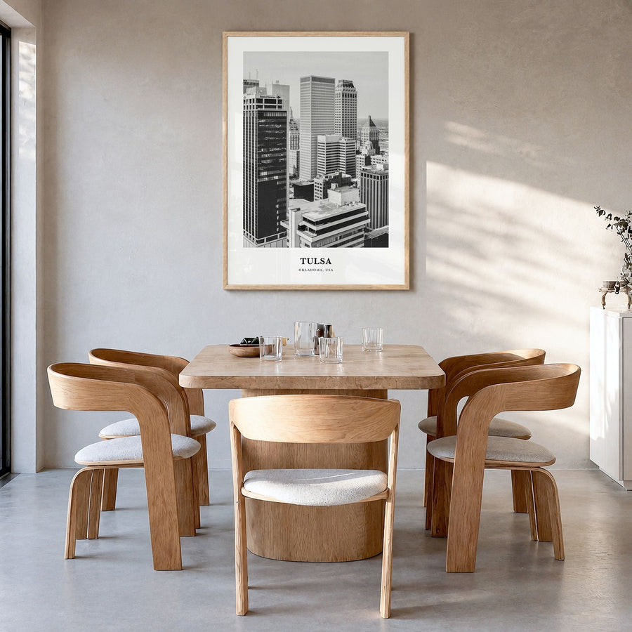 Tulsa Classic Poster in a natural wood frame, hanging in a dining room