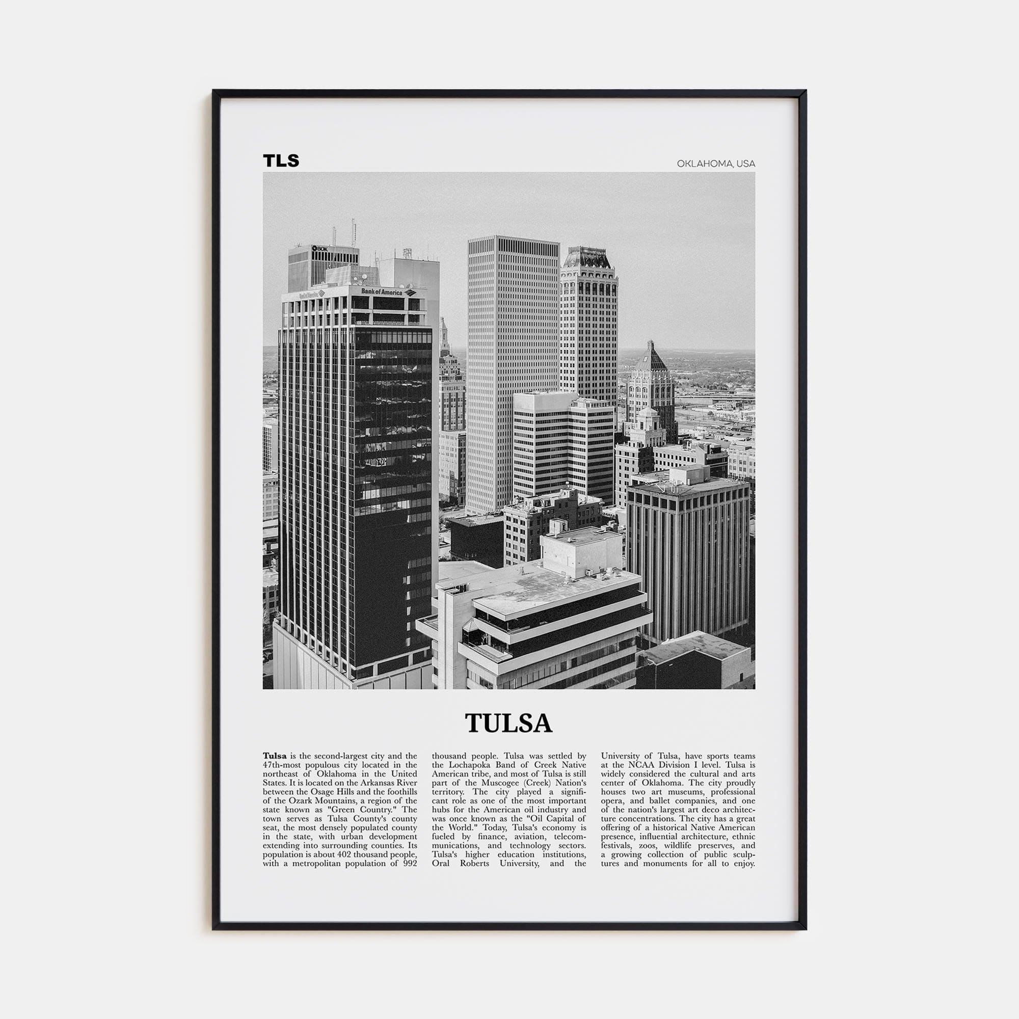 Tulsa Poster Black Metal / 8x12 in Nbourhood Travel B&W Poster