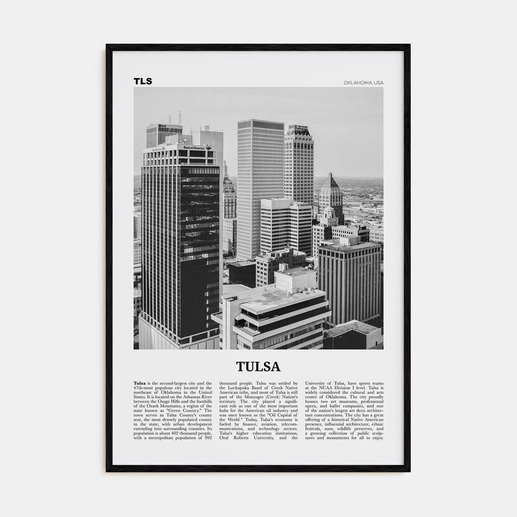 Tulsa Poster Black Wood / 8x12 in Nbourhood Travel B&W Poster