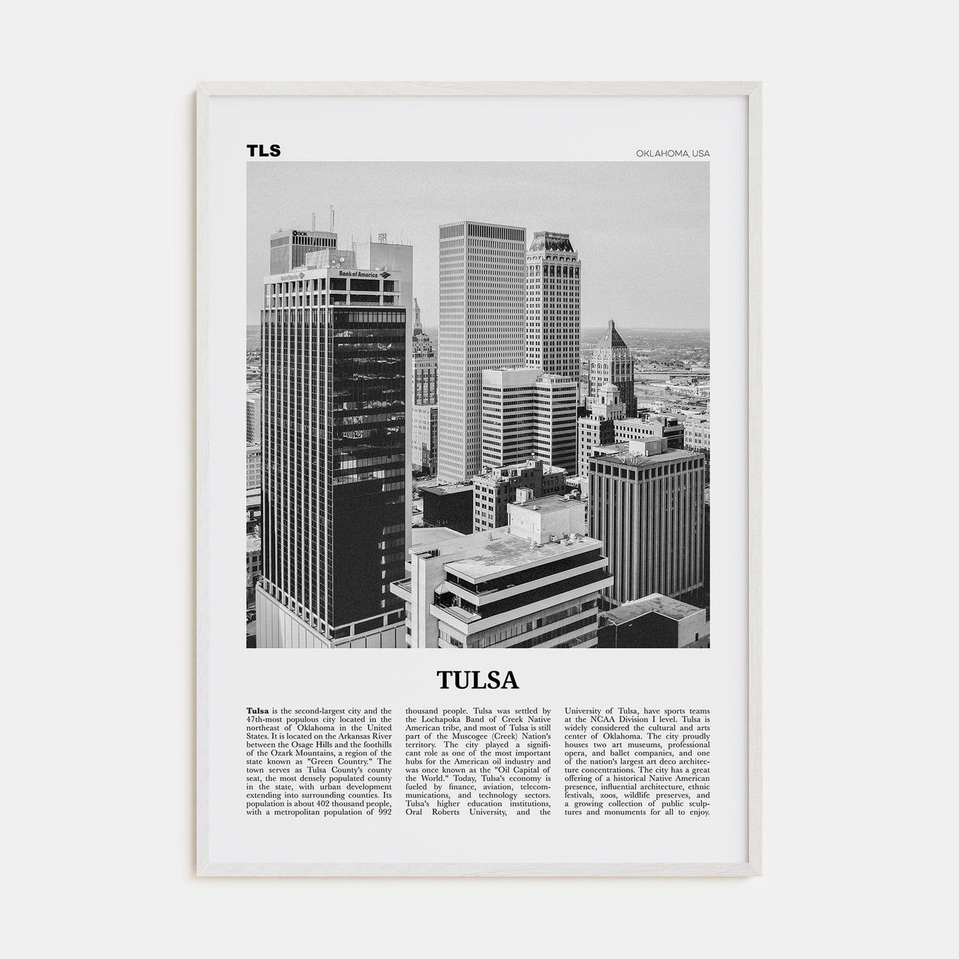 Tulsa Poster White Wood / 8x12 in Nbourhood Travel B&W Poster