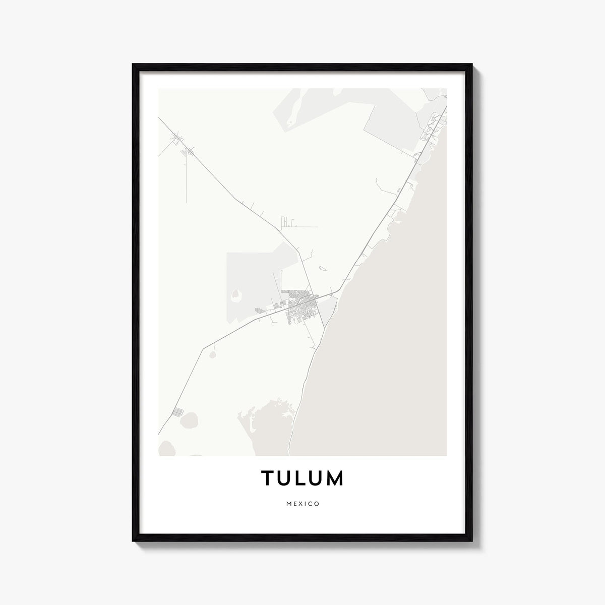 Tulum black & white map poster of Mexico – vertical wall art, unframed print shown in interior mockup