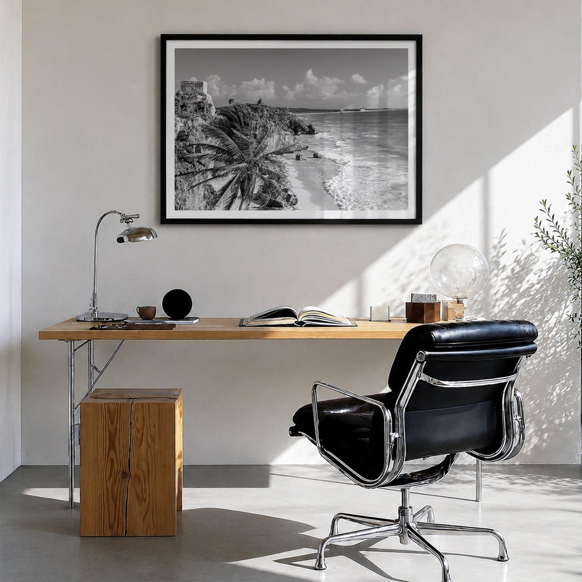 Tulum black & white photo poster of Mexico – horizontal wall art in black wood frame with white border, hanging on wall