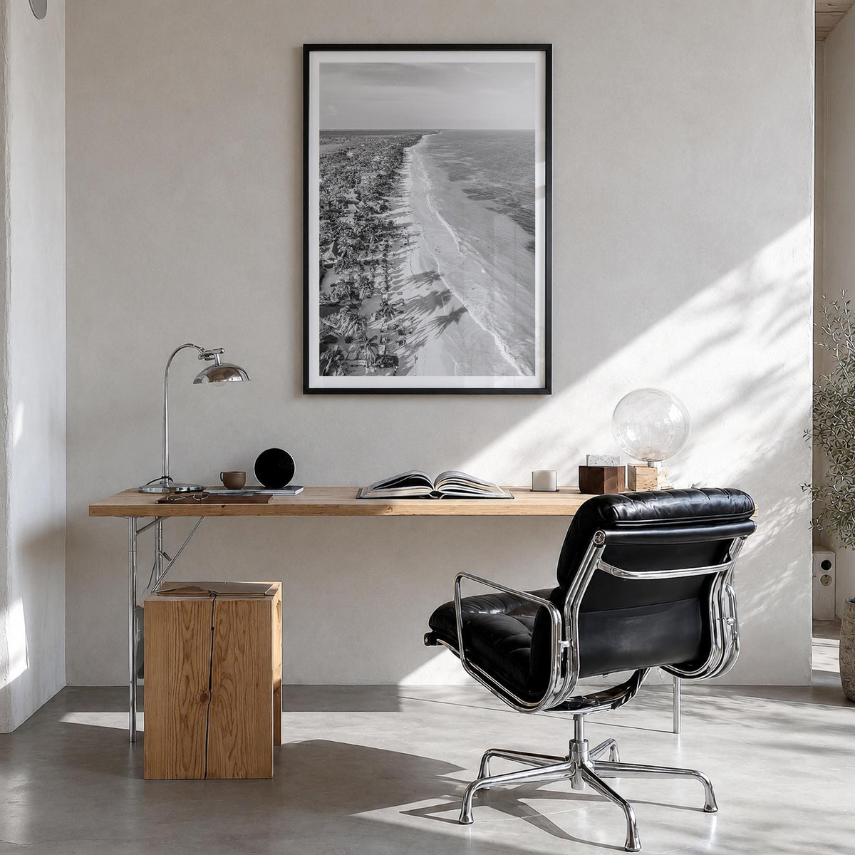 Tulum black & white photo poster of Mexico – vertical wall art in black wood frame with white border, hanging on wall
