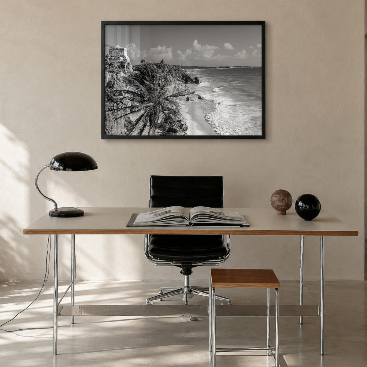 Tulum black & white photo poster of Mexico – horizontal wall art in black wood frame, hanging on wall