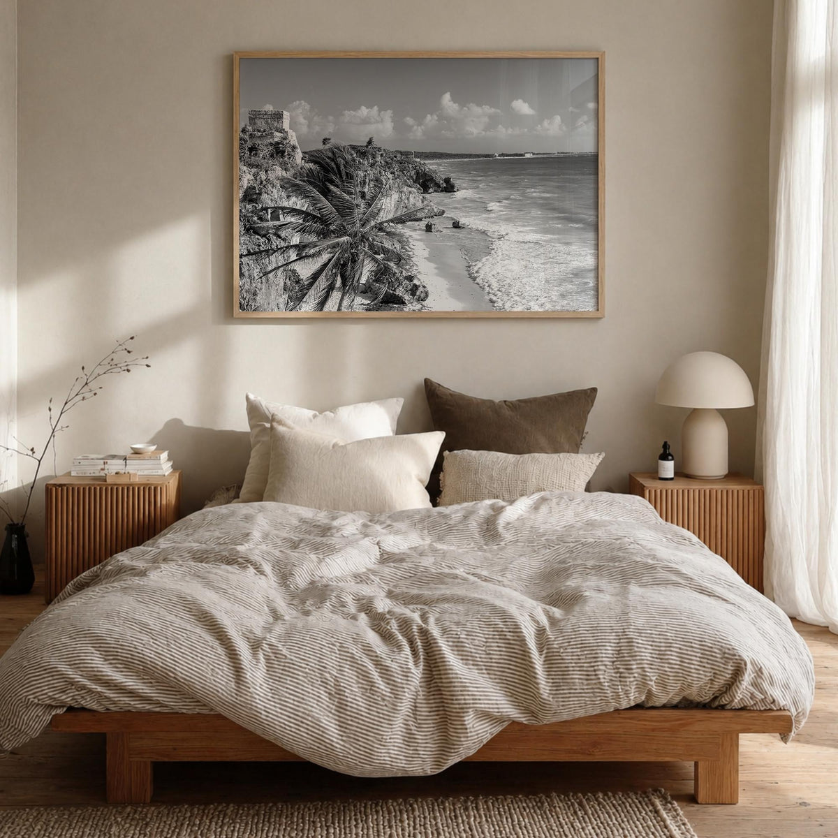 Tulum black & white photo poster of Mexico – horizontal wall art in natural wood frame, hanging on wall