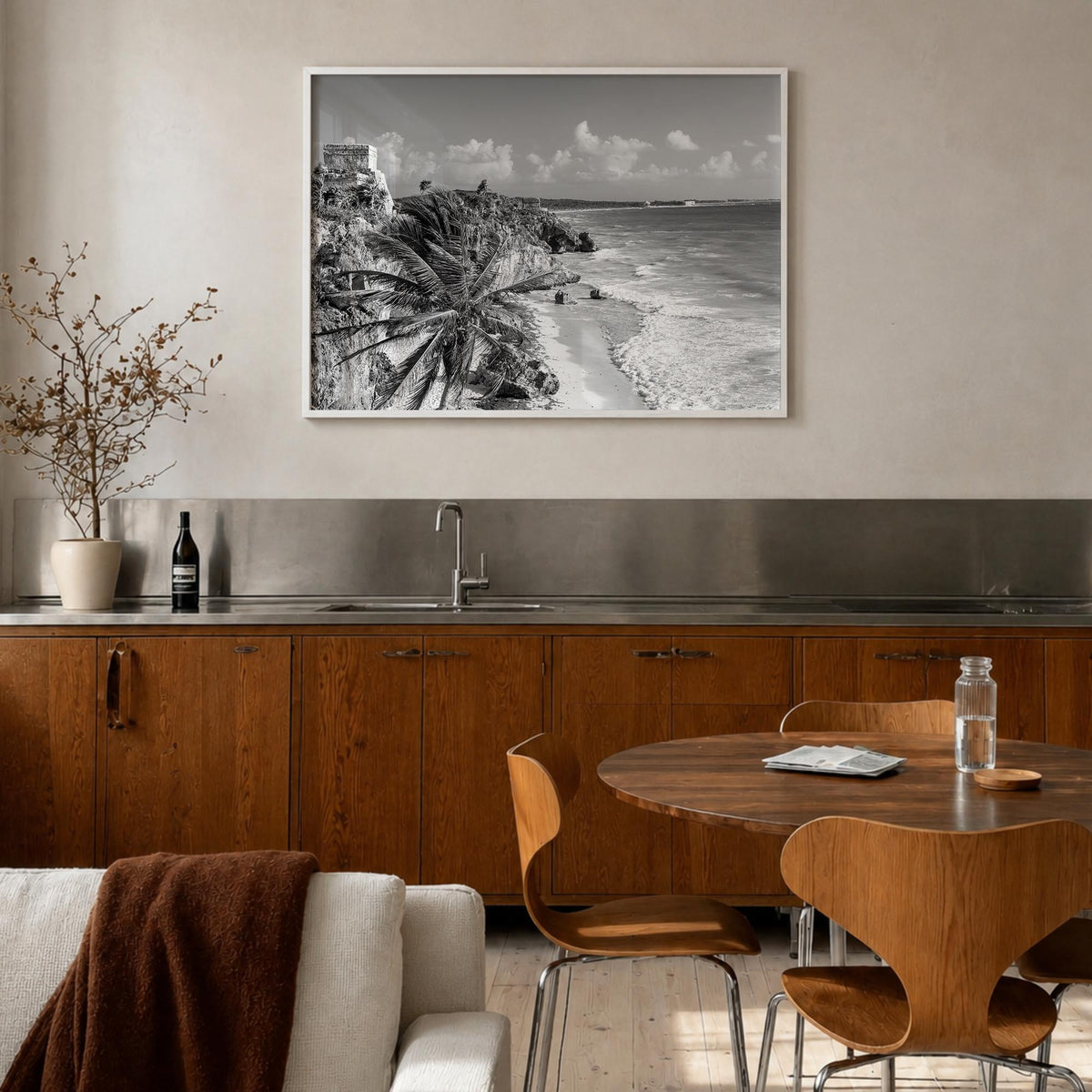 Tulum black & white photo poster of Mexico – horizontal wall art in white wood frame, hanging on wall