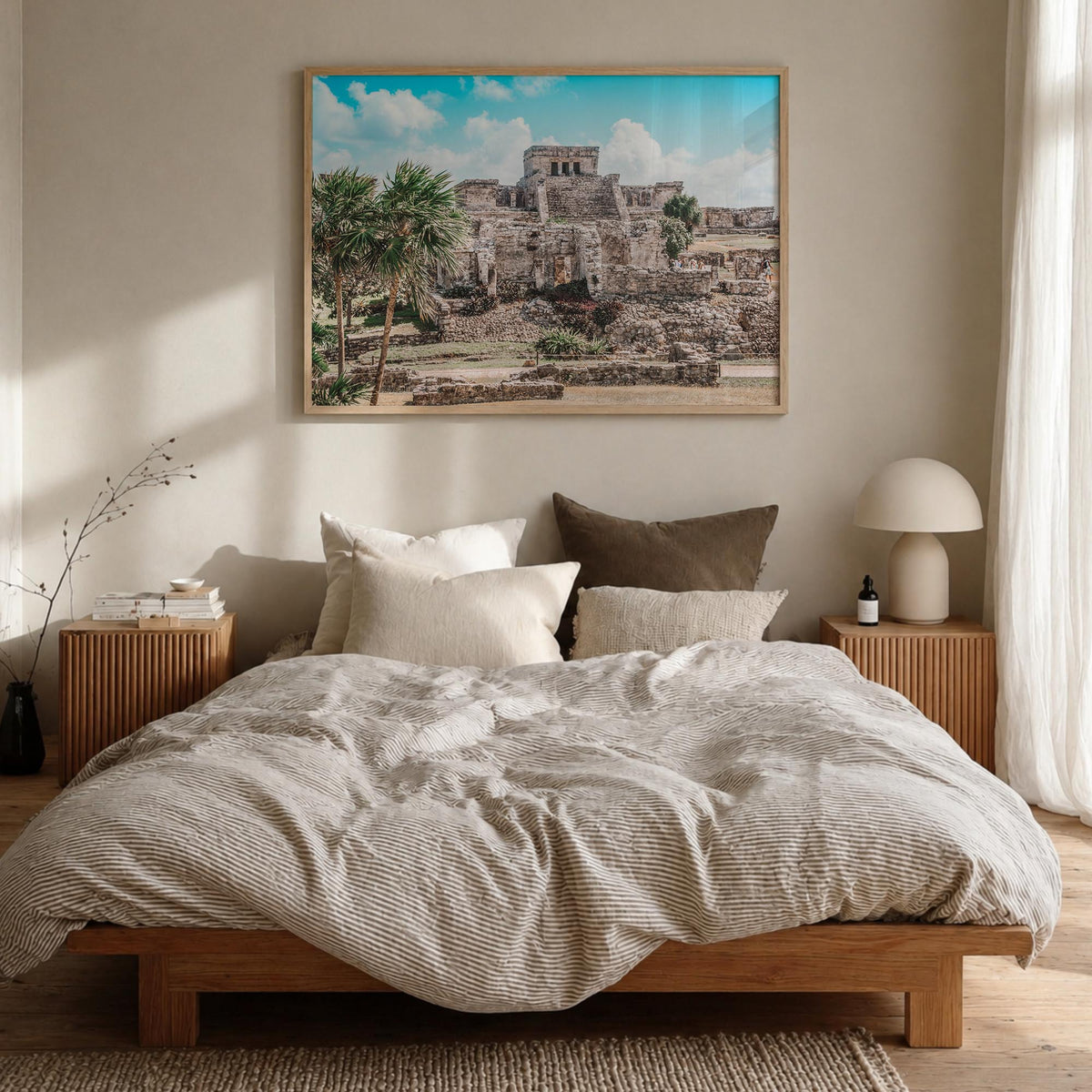 Tulum colorful photo poster of Mexico – horizontal wall art in natural wood frame, hanging on wall