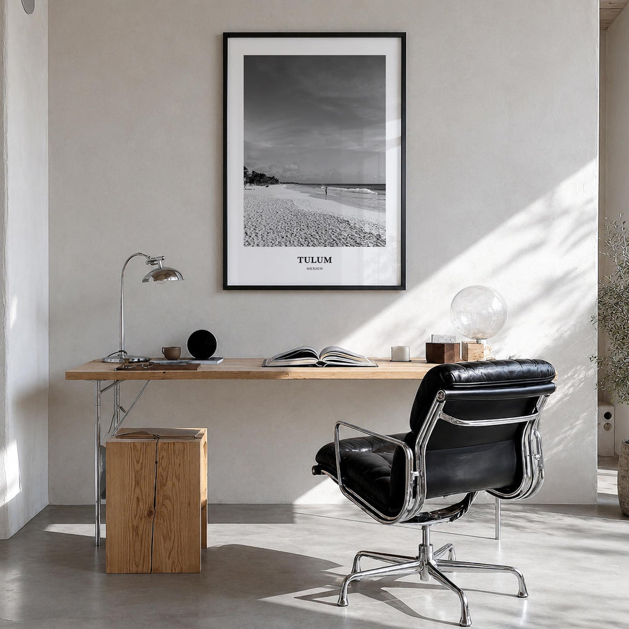 Tulum no. 1 black & white classic poster of Mexico – vertical wall art in black wood frame, hanging on wall