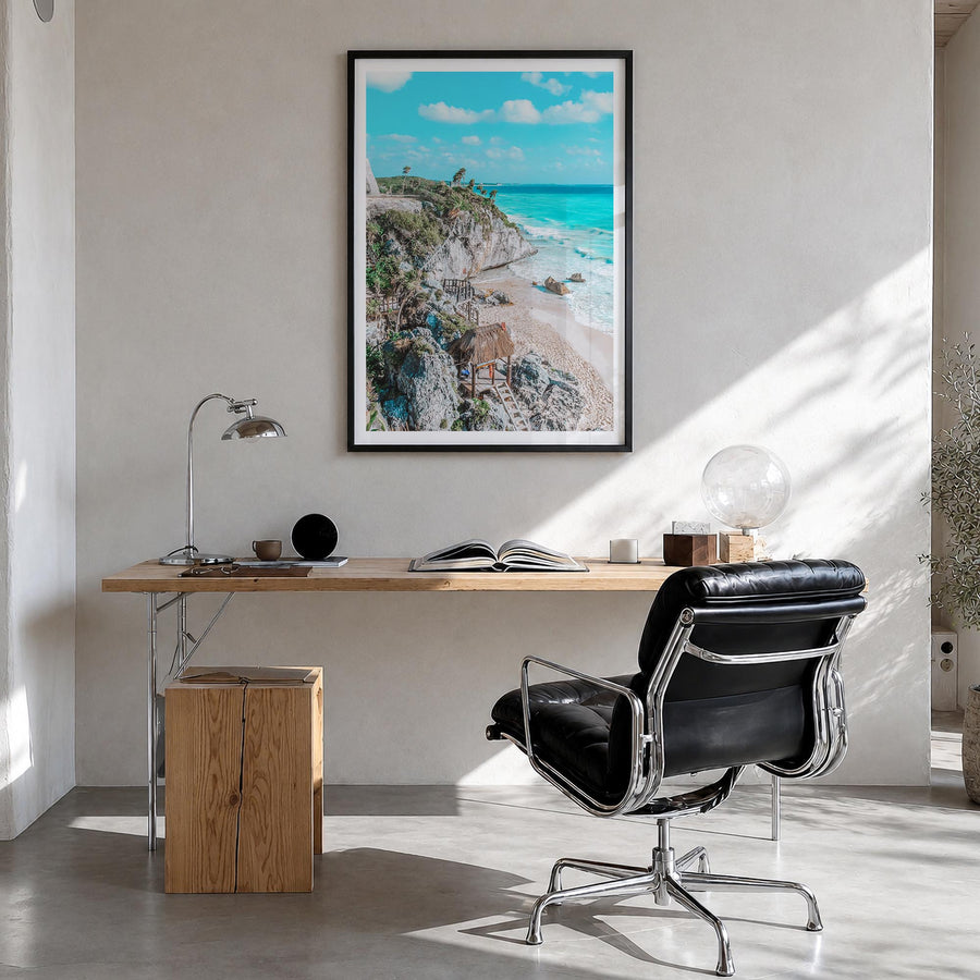 Tulum no. 2 colorful photo poster of Mexico – vertical wall art in black wood frame with white border, hanging on wall