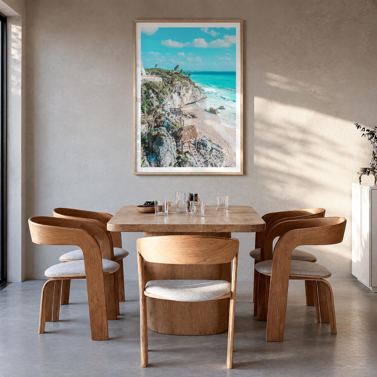 Tulum no. 2 colorful photo poster of Mexico – vertical wall art in natural wood frame with white border, hanging on wall