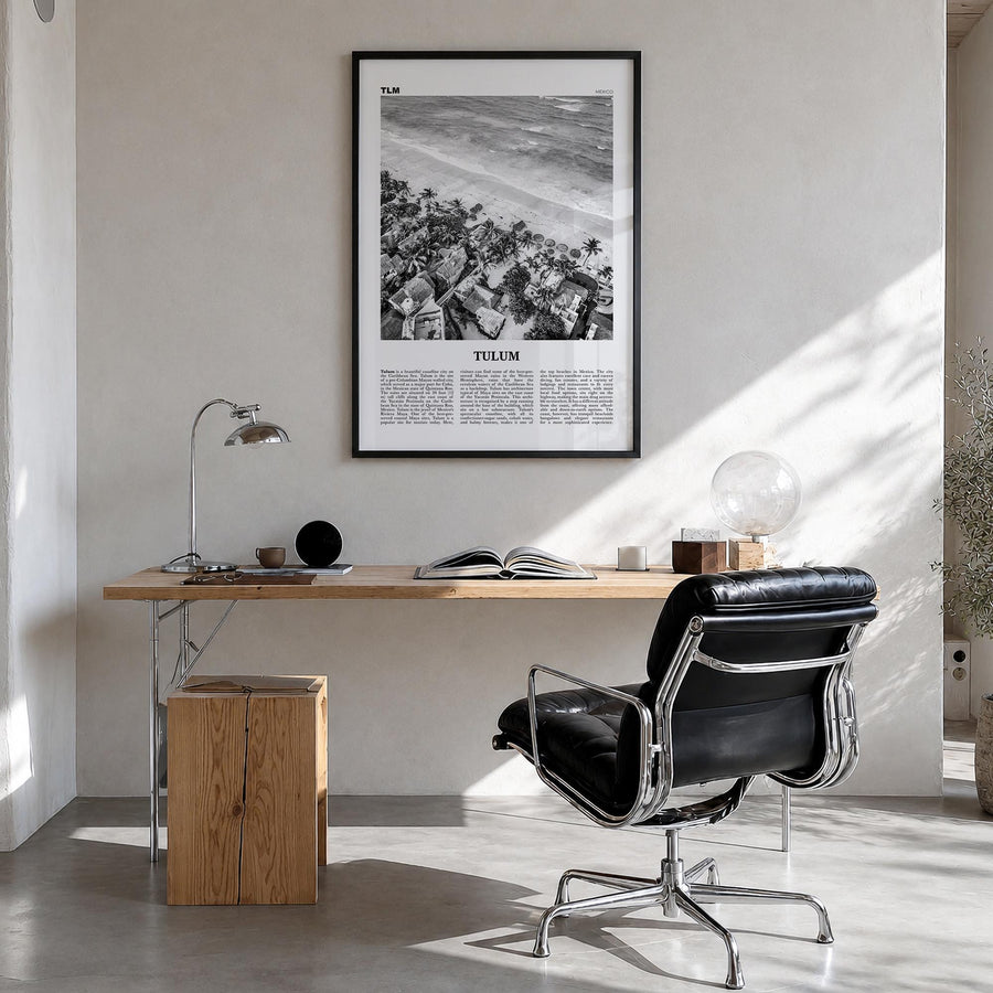 Tulum no. 2 black & white newspaper poster of Mexico – vertical wall art in black wood frame, hanging on wall